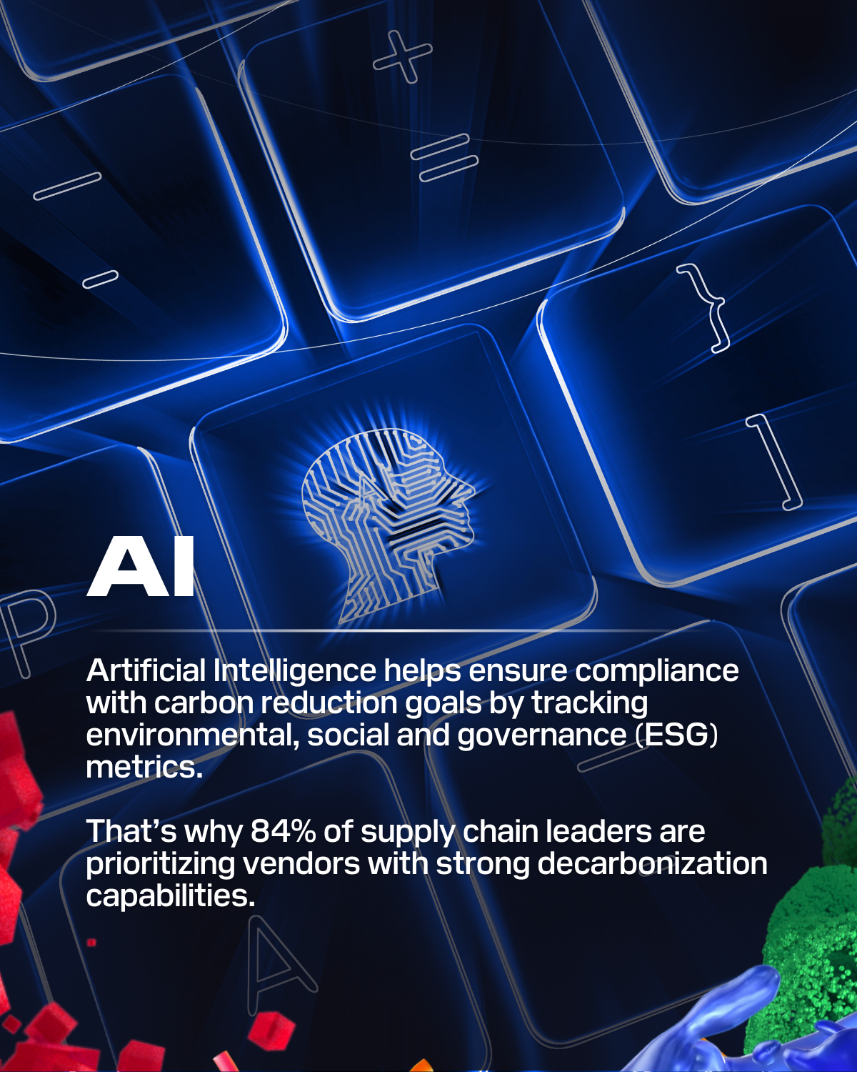 "AI. Artificial Intelligence helps ensure compliance with carbon reduction goals by tracking environmental, social and governance (ESG) metrics. That's why 84% of supply chain leaders are prioritizing vendors with strong decarbonization capabilities."