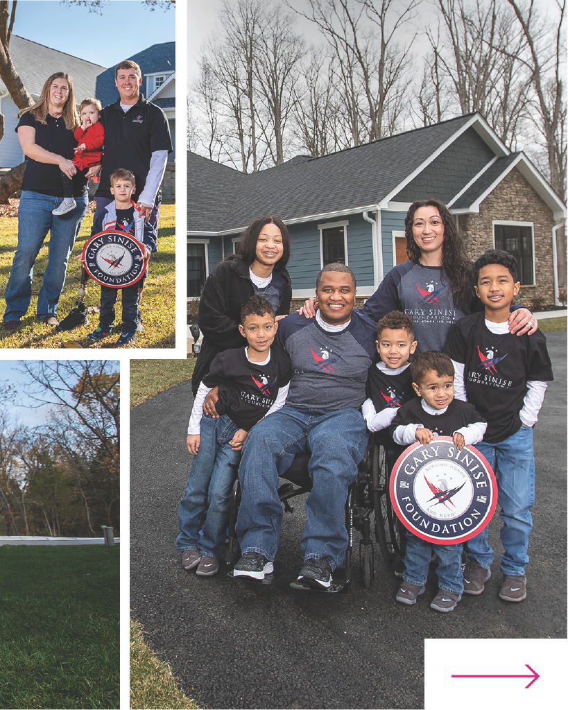 Two families pose with the The Gary Sinise Foundation logo