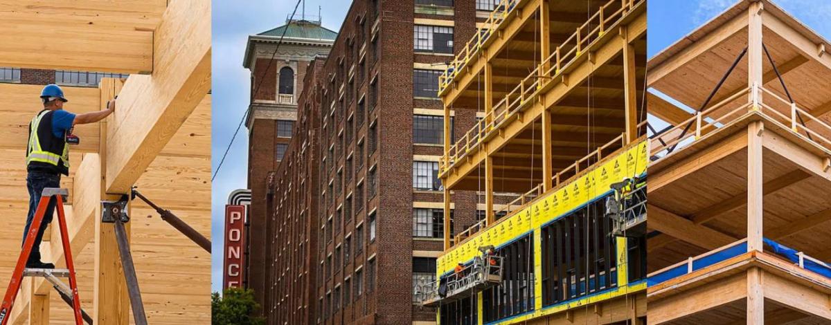 A collage of scenes of construction of the 619 Ponce building.