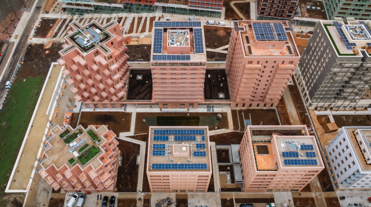 Aerial view of tall buildings