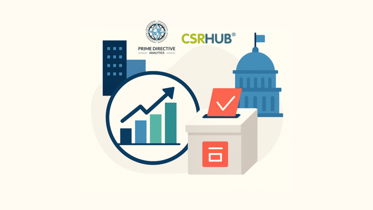 Corporate Influence Meets ESG: Visualizing the Democracy Signal Illustration showing corporate buildings connected by data lines to government symbols and charts, representing corporate political influence and ESG analysis.