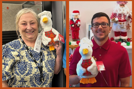 Aflac employees Judy Davis and Miguel Cubas shown with the Aflac Holiday Duck.