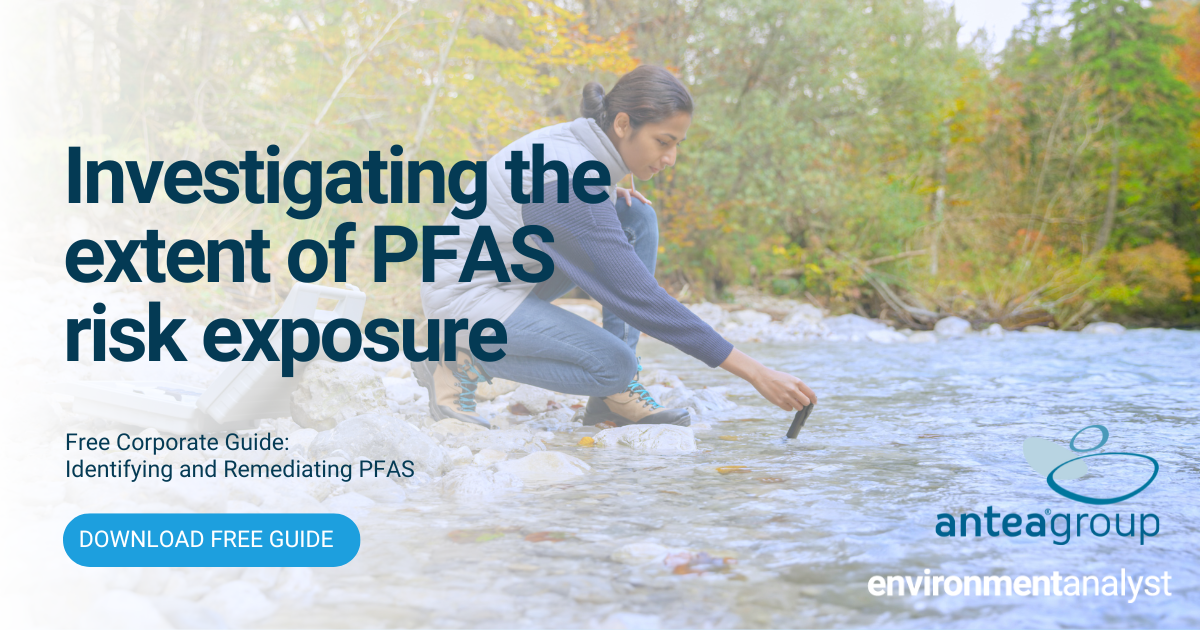 Banner with text "Investigating the extent of PFAS risk exposure." In the background is a photo of someone collecting a water sample from a body of water