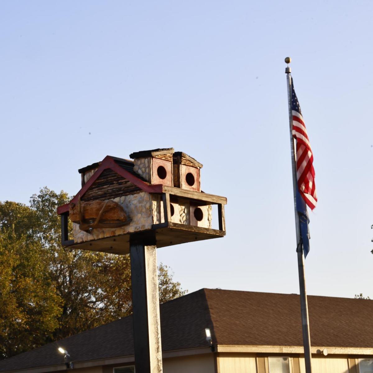 Birdhouse in front of American flag