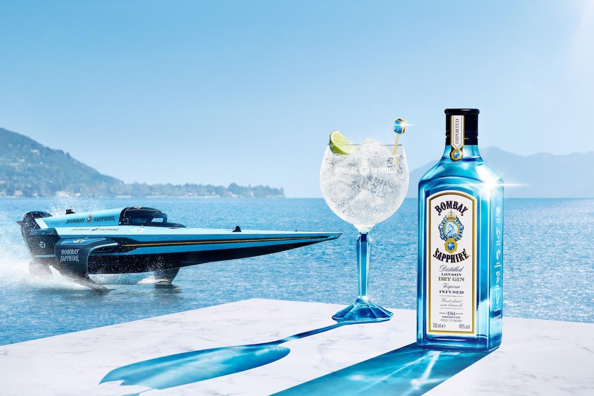 Speedboat pictured next to bottle and glass of Bombay Sapphire