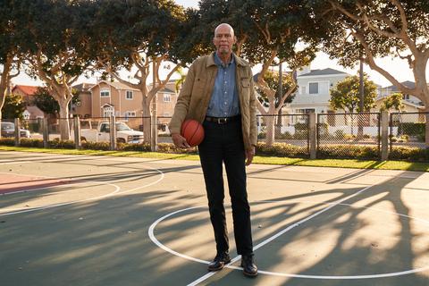 Kareem Abdul-Jabbar shown on a basketball court.