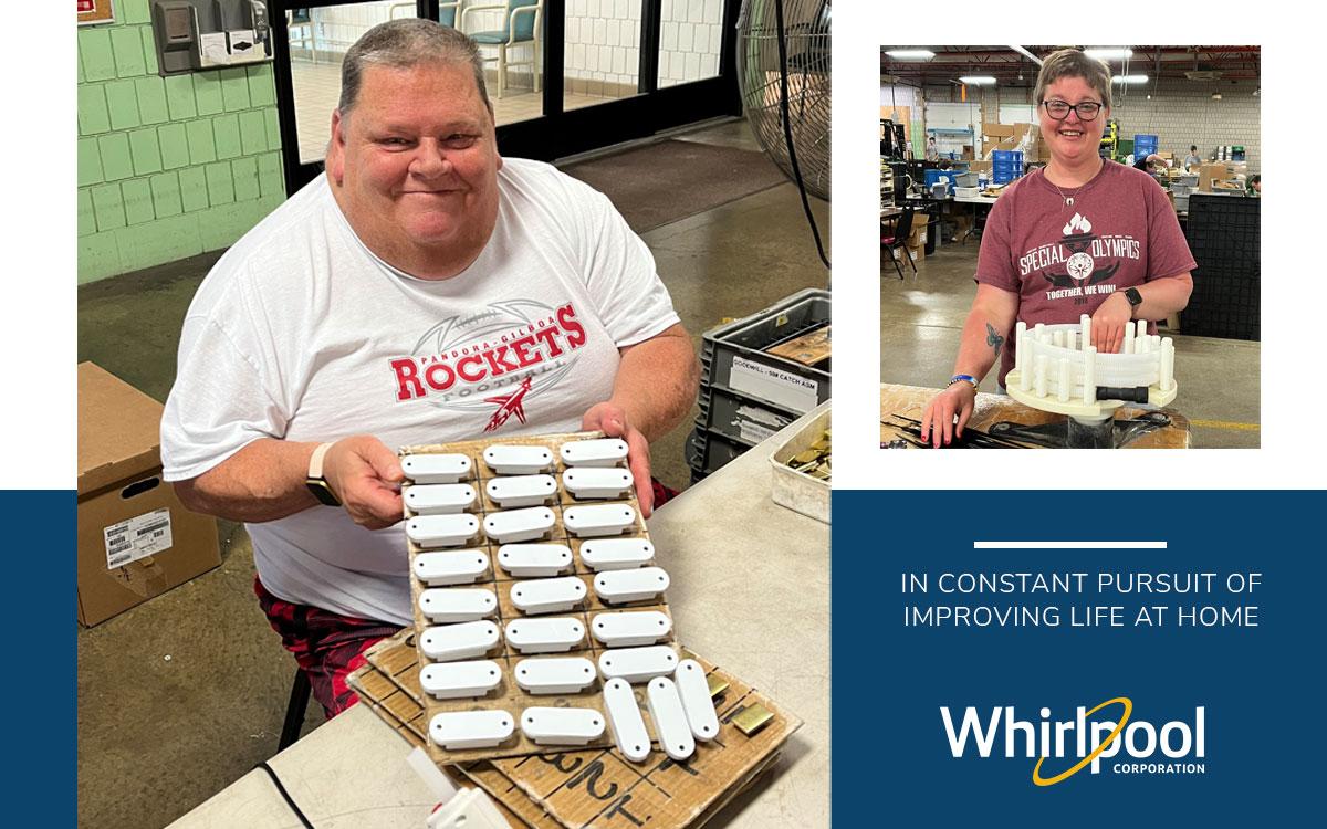 Collage of people doing assembly work and the whirlpool logo