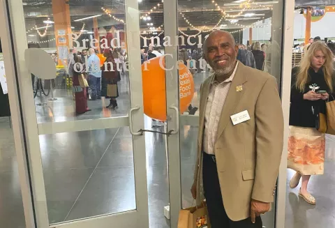 Calvin at the doors to the Bread Financial Volunteer Center.