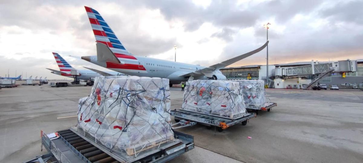 Pallets of cargo on a runway with two American Airlines planes behind them.