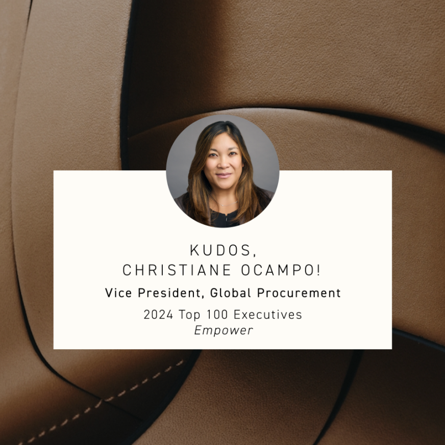 A photo of Christiane Ocampo, Vice President of Global Procurement at Tapestry, who was named among the 2024 ‘Top 100 Executives’ by Empower, on a background of brown stitched leather