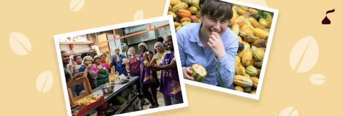 Two separate photo's of people with cocoa plants