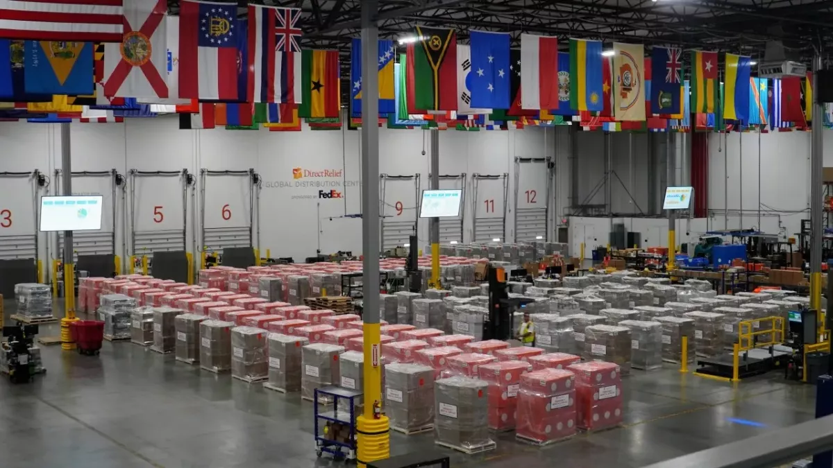 148 pallets of medical aid staged at Direct Relief's 155 thousand square-foot warehouse and distribution center in California