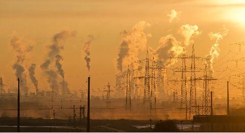 Factories spitting pollution into the sky.