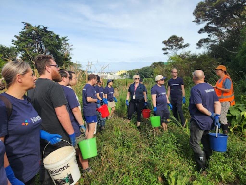 Nielsen volunteers planting trees. 