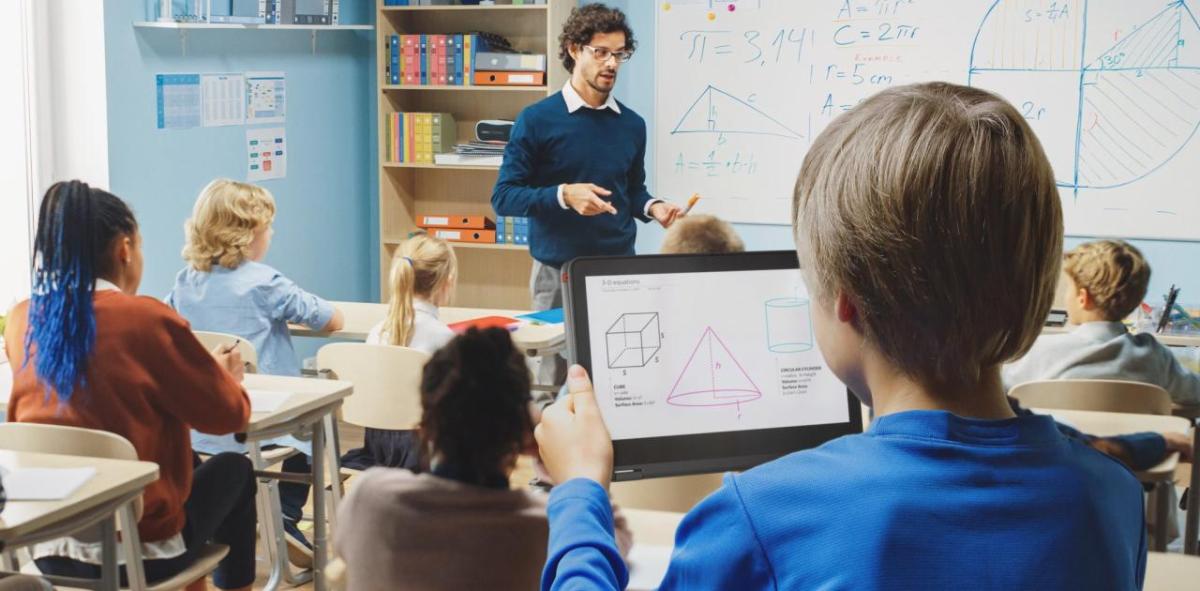 Student using a tablet in a math class