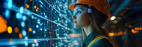 Construction worker looking a giant digital display
