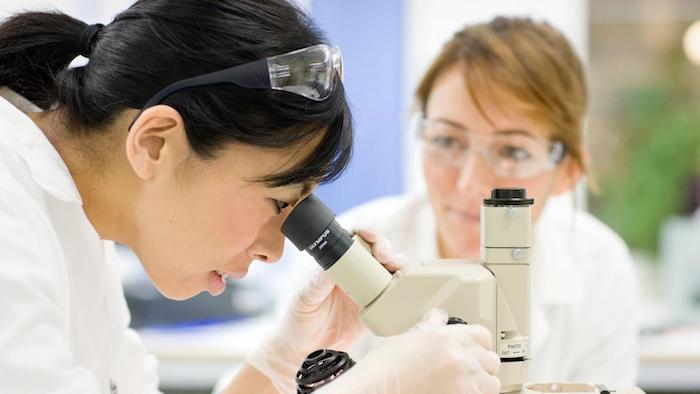 Female scientist looking through a microscope.