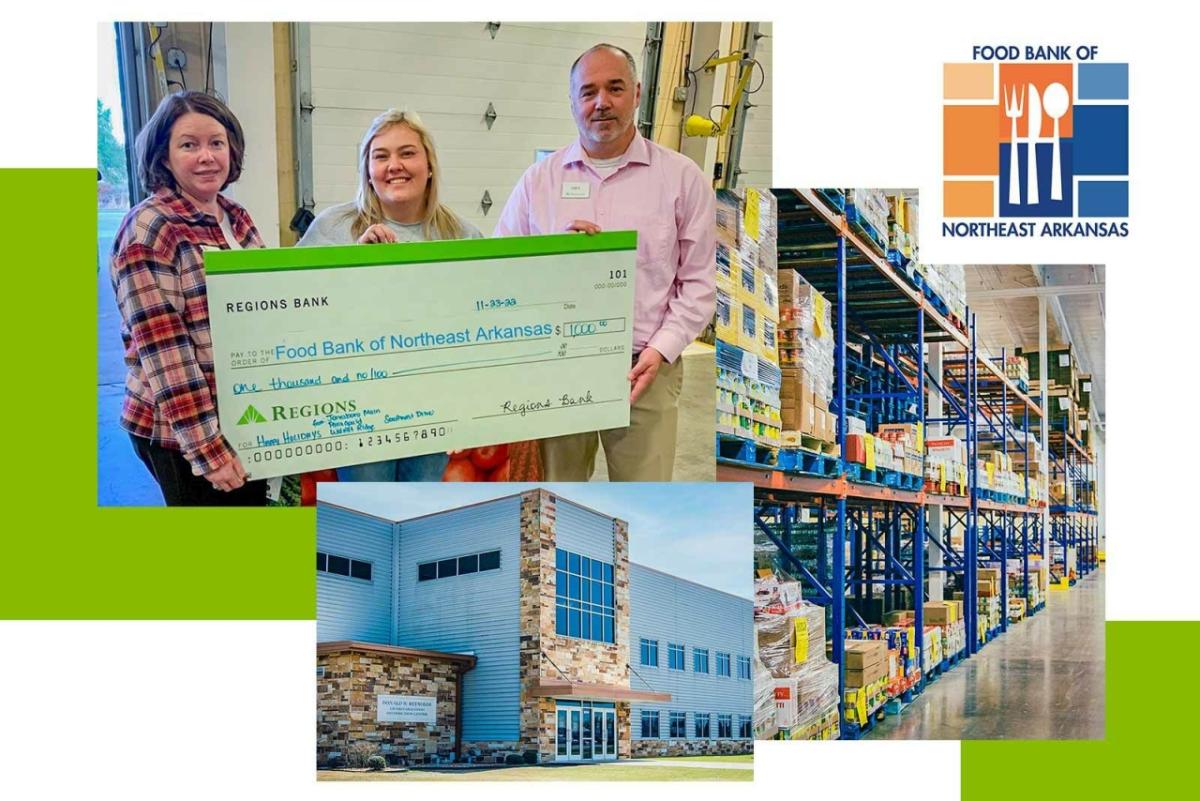 Collage of three people holding a large check, exterior of a building, and shelves in a warehouse. Food Bank of North East Arkansas logo in the corner.