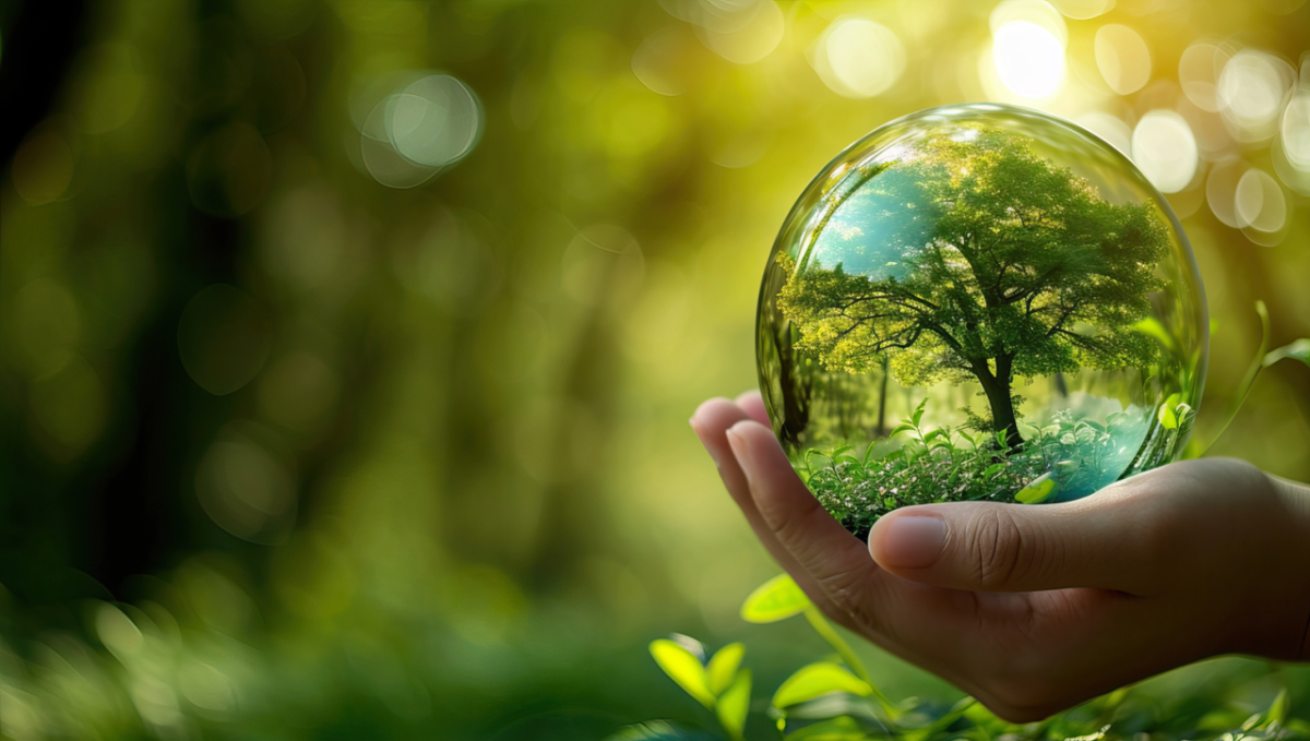 Globe with tree inside held by hand with green nature type background