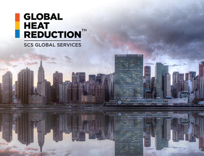 Cityscape with the logo for Global Heat Reduction in corner