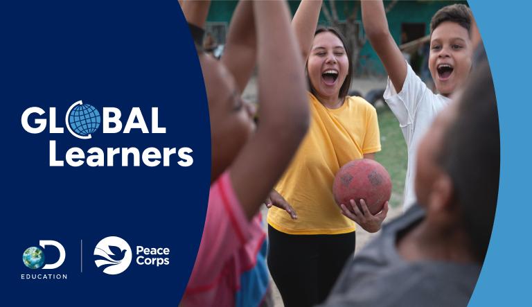 Global learners logo alongside image of kids happily shouting and waving their arms