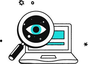 Illustration of a magnifying glass and a laptop.