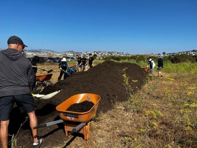 people working together outside with wheelbarrows