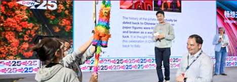 A person swinging at a pinata while others look on.