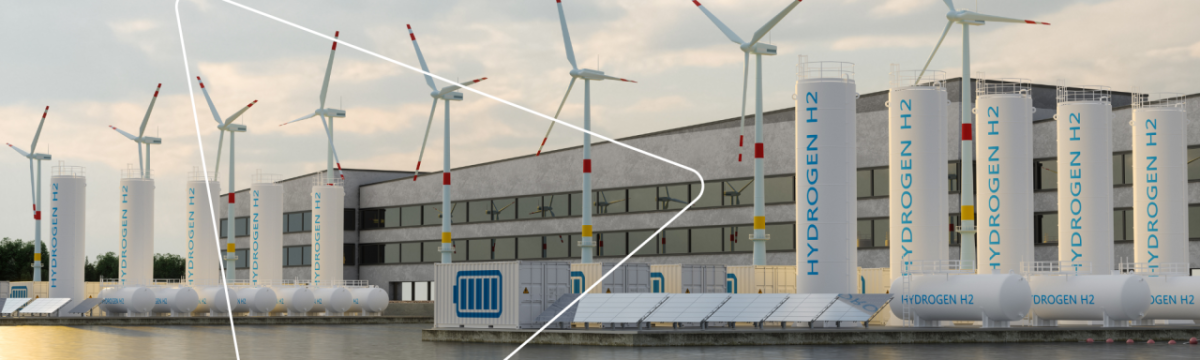 Exterior of a building with Hydrogen storage tanks and wind turbines surrounding it.