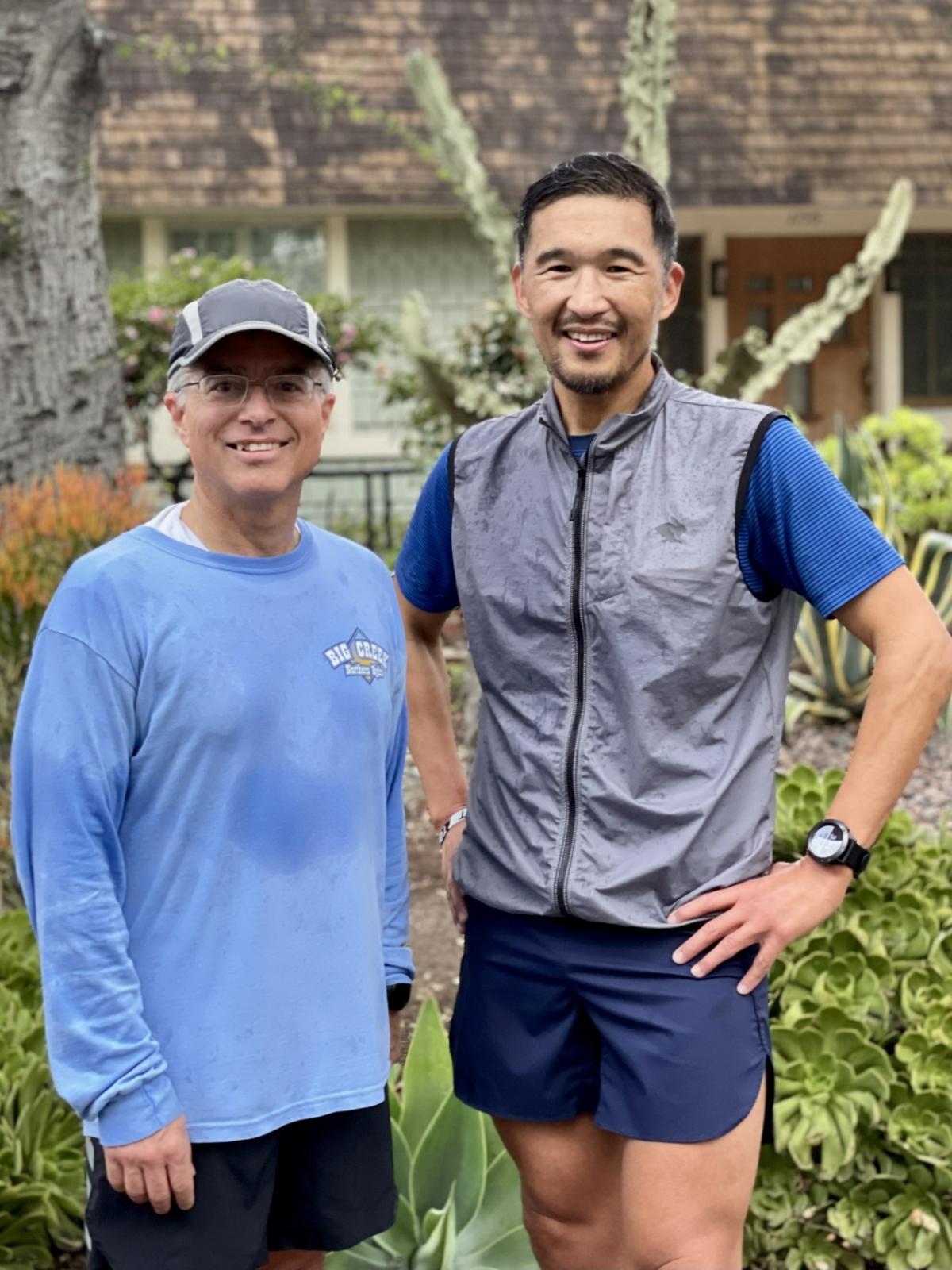 Edison International President and CEO Pedro J. Pizarro relaxes after a run with liver transplant recipient Phil Shin.