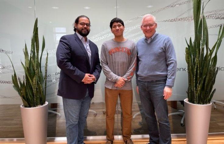 SD2's H. Puentes and student Alejandro Pliego visit with Illumina Chief Public Affairs Officer John Frank at the company's San Diego HQ.