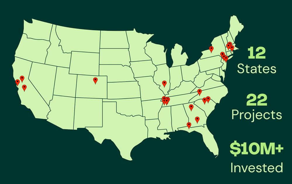 A map of every project Climatize has funded as of Sept 2025