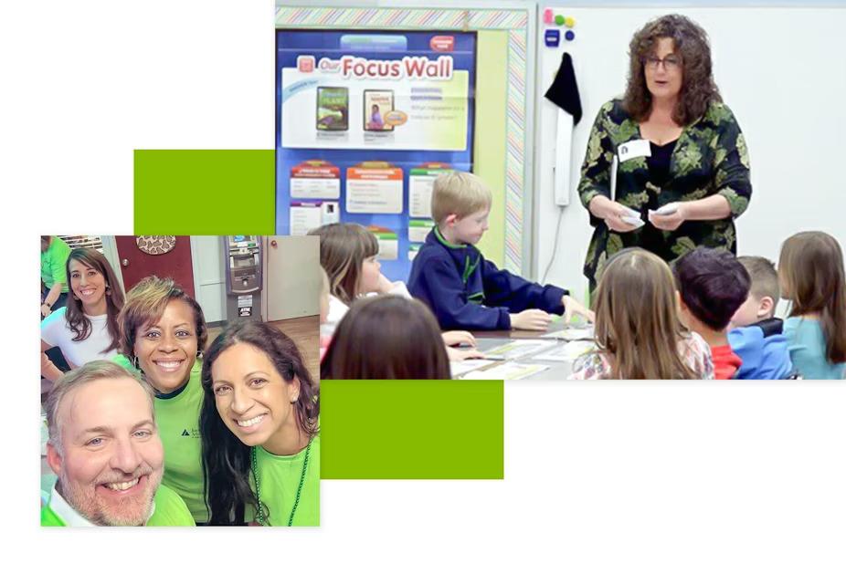 Collage of volunteers taking a selfie, and one standing in front of a class of students.