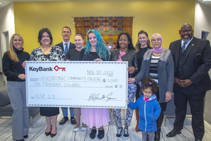 The Housatonic Community College Foundation received a $10,000 grant KeyBank to respond to the economic security needs of its students. L to R: Kristy Jelenik, HCC Foundation Executive Director, Women’s Center Director Katrina Camerato, HCC Foundation Board member and KeyBank SVP of Commercial Banking Brad Hardy, Key@Work Account Manager Katie Farrington, HCC students Mia and Jordanee (and mother of child), KeyBank Regional Corporate Responsibility Officer Analisha J Michanczyk, HCC student Jalila and HCC C