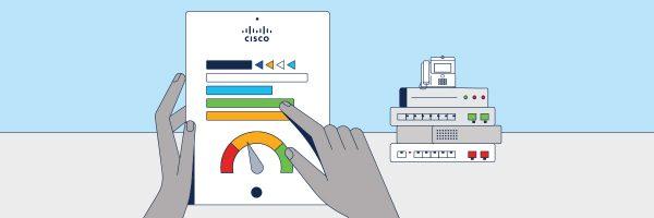 Sketched hands holding a document and pointing to a bar graph. A stack of devices in the background.