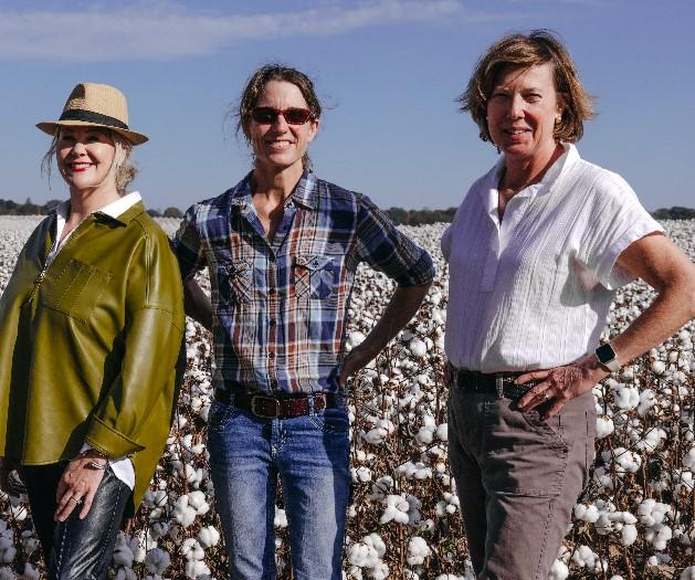 Three people posed in a field of cotton crops.