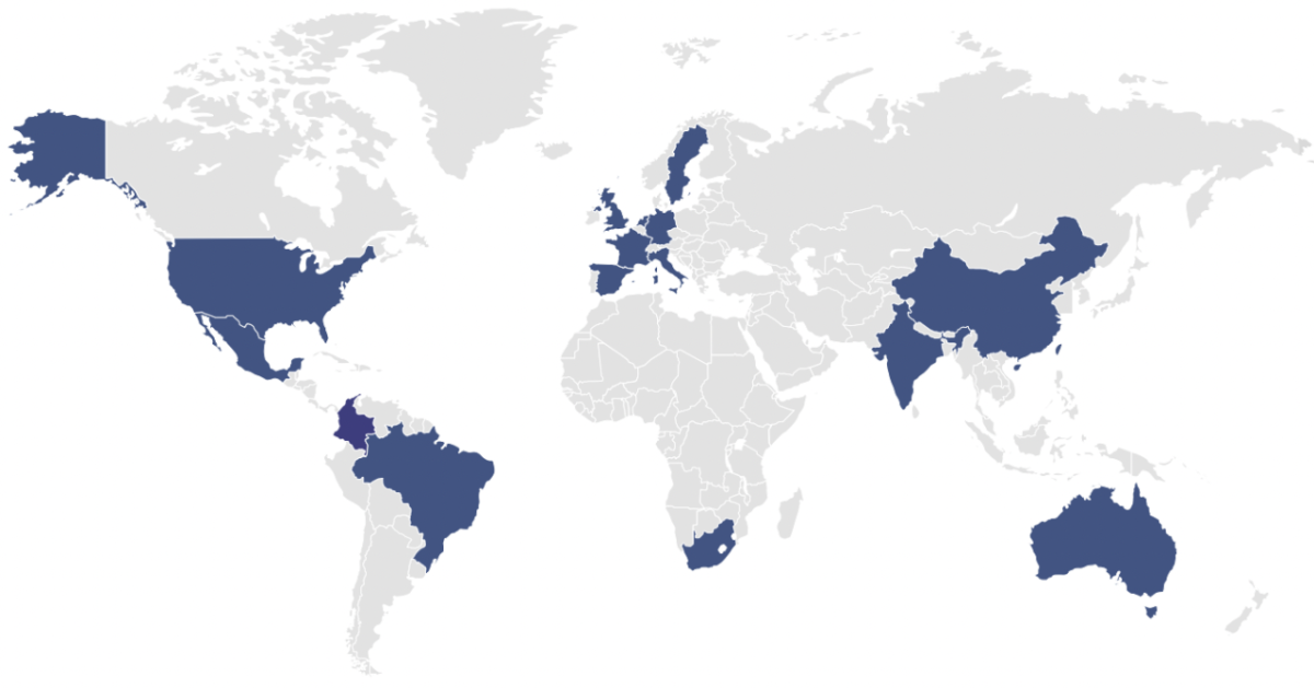 World map with markets highlighted in blue.