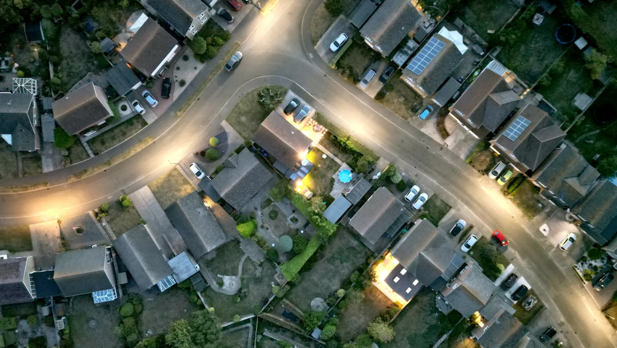 Overhead view of a neighborhood.