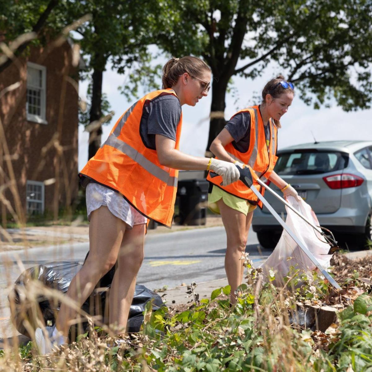 volunteers picking up litter