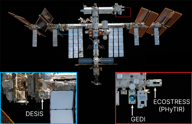 The inset pictures above show where the three remote sensors are currently mounted on the space station. Photo by NASA