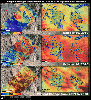 Change in a New Mexico drought from 2019 to 2020 as captured by ECOSTRESS. Data visualization by NASA