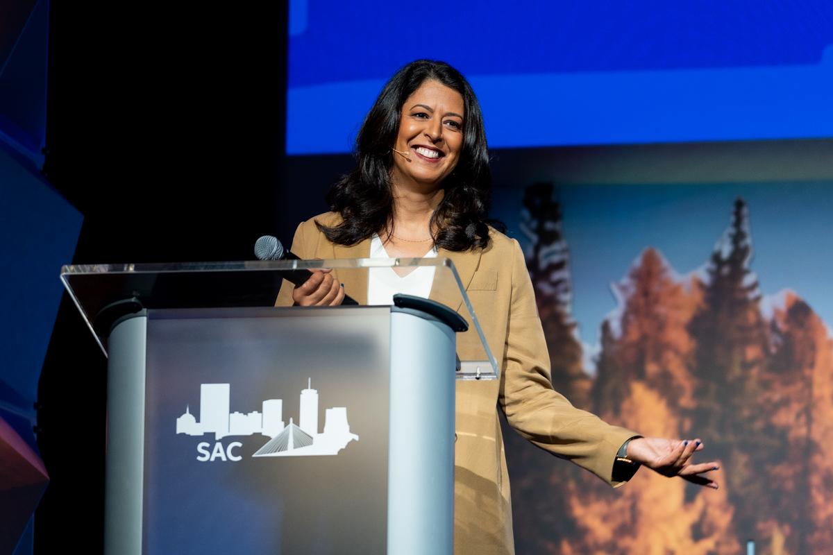 Amina Razvi, outgoing CEO of the SAC during her opening address at the SAC 2023 Annual Meeting in Boston