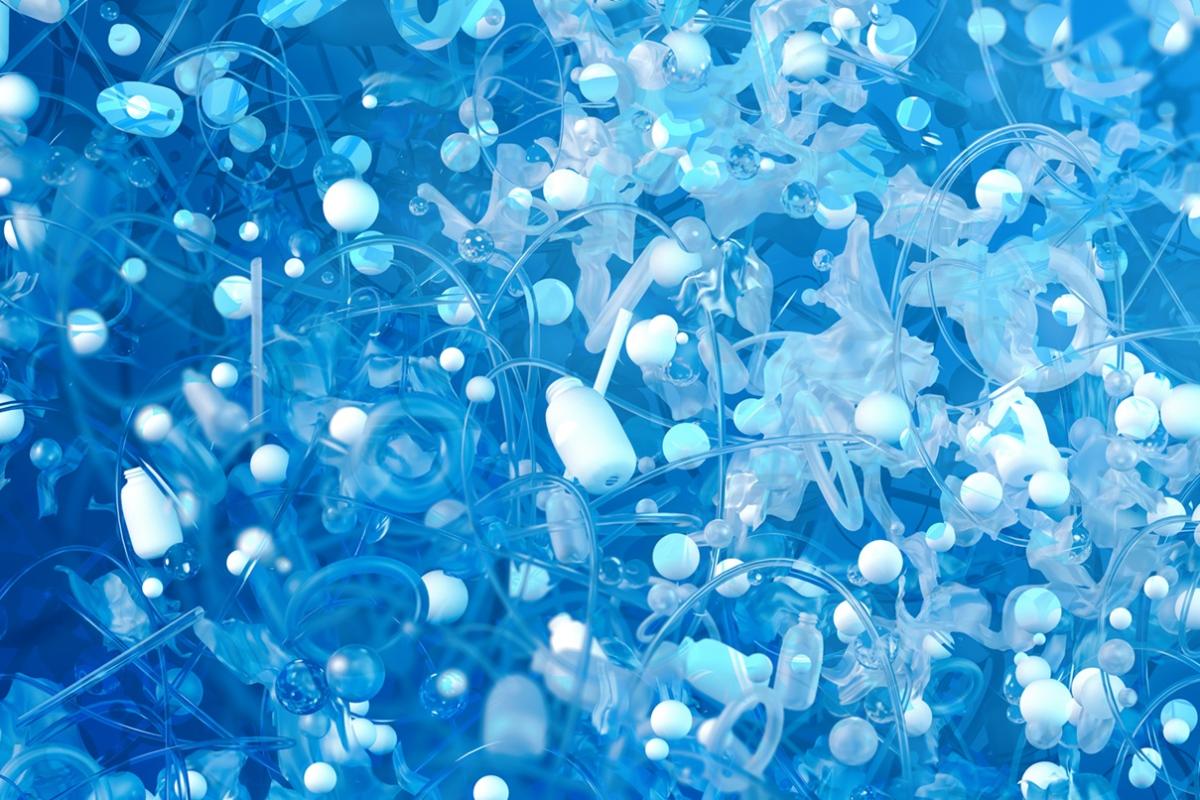 Group of floating "PFAS" with a blue background