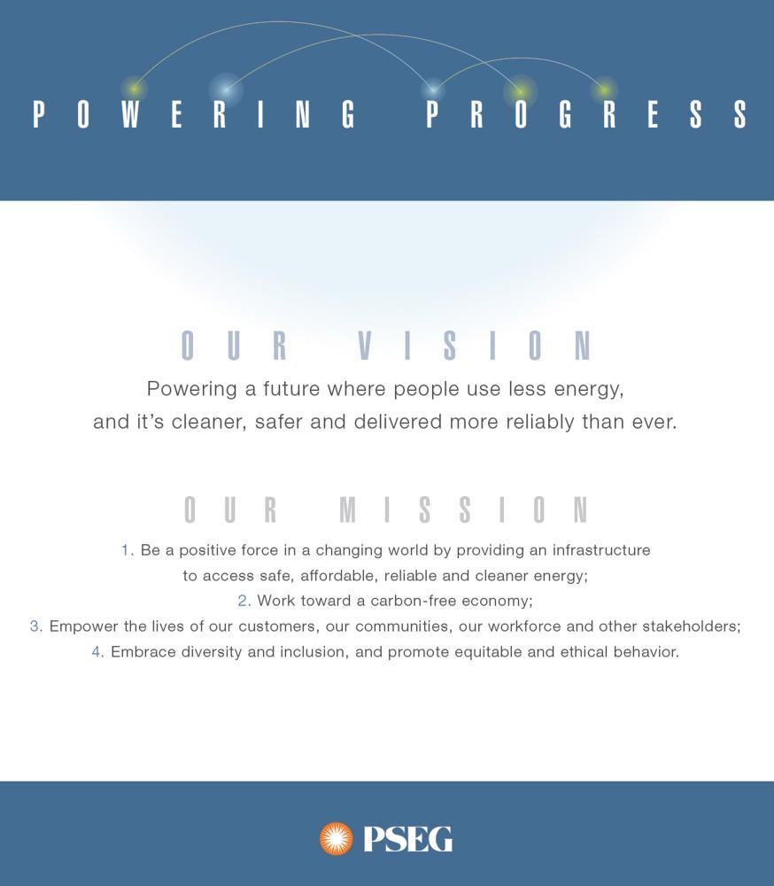 POWERING PROGRESS  Powering a future where people use less energy, and it's cleaner, safer and delivered more reliably than ever. 1. Be a positive force in a changing world by providing an infrastructure to access safe, affordable, reliable and cleaner energy; 2. Work toward a carbon-free economy; 3. Empower the lives of our customers, our communities, our workforce and other stakeholders; 4. Embrace diversity and inclusion, and promote equitable and ethical behavior. PSEG