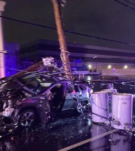 Utility pole hit by a car and destroyed.