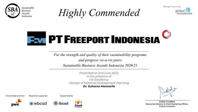 PT Freeport Indonesia's Sustainable Business Practices Award in the Highly Commended Category