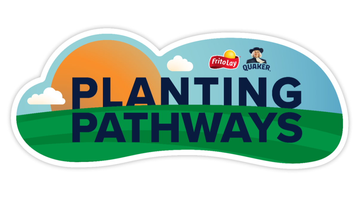 Illustration of the sunrise with the text "Planting pathways" with a FritoLay and Quaker logo in the top right