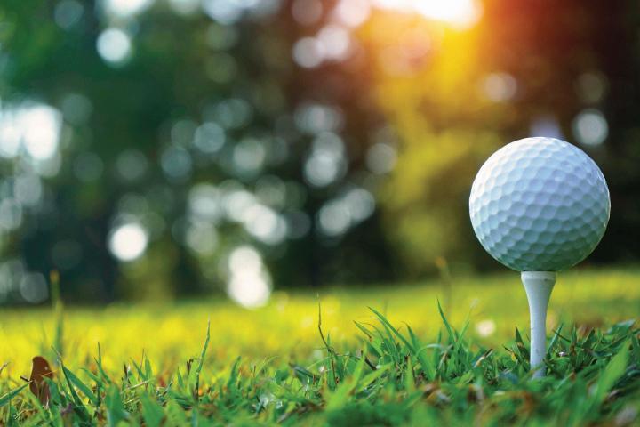 close up of a golf ball on a tee on grass