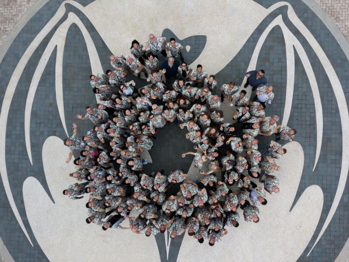 Aerial view of a group of people posed in a circle looking up