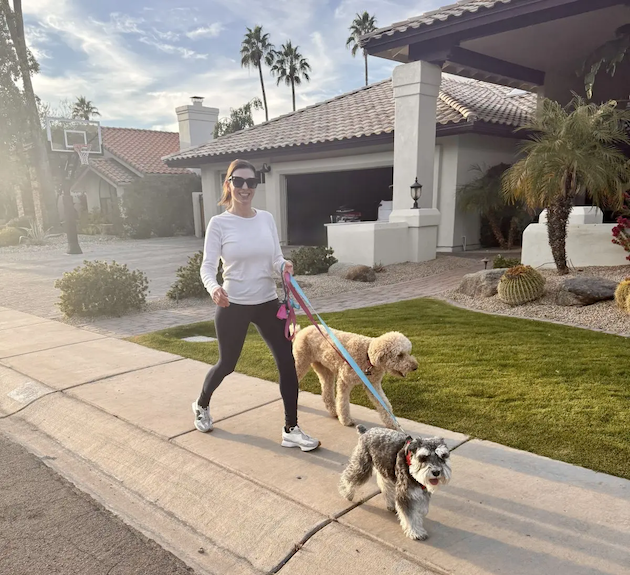 Rachel Beneke walking her dogs.